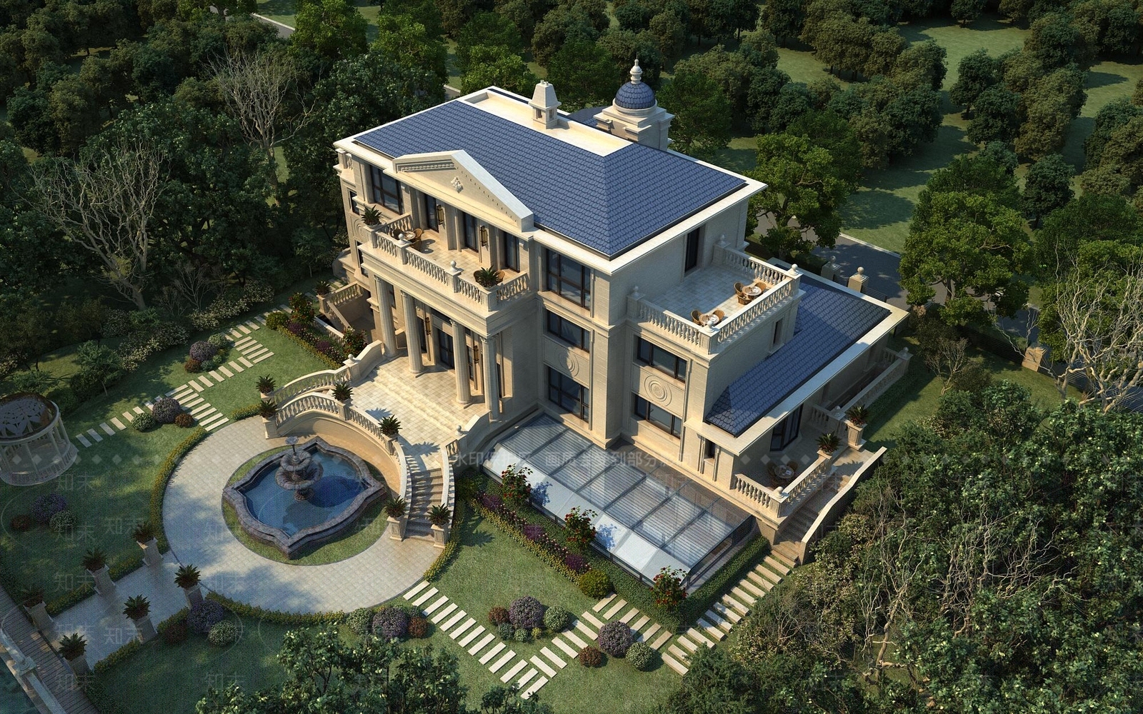 欧式古典独栋别墅外观鸟瞰图3D模型下载【ID:332229537】