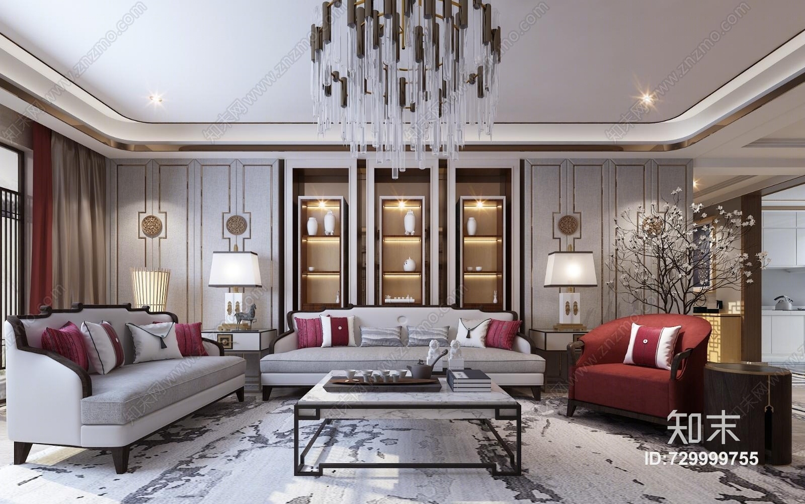 新中式客厅餐厅沙发椅组合柜子吊灯3D模型下载【ID:729999755】