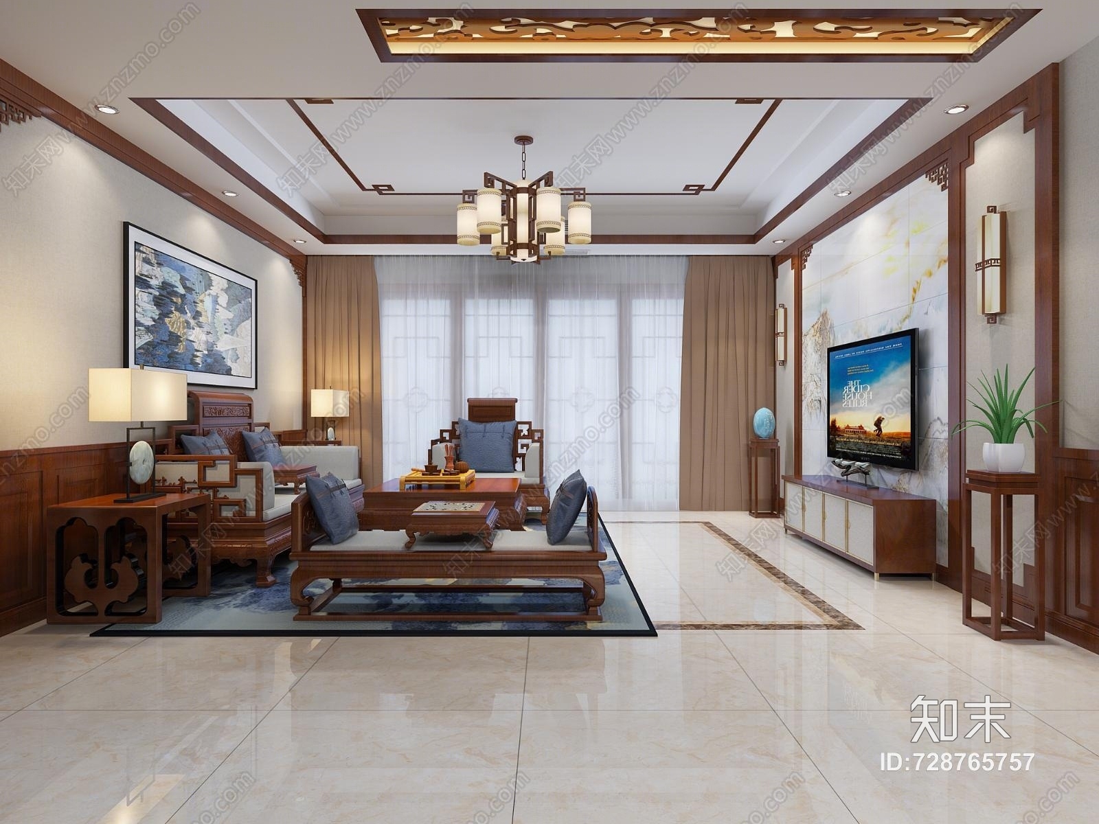 中式新中式客餐厅效果图3D模型下载【ID:728765757】