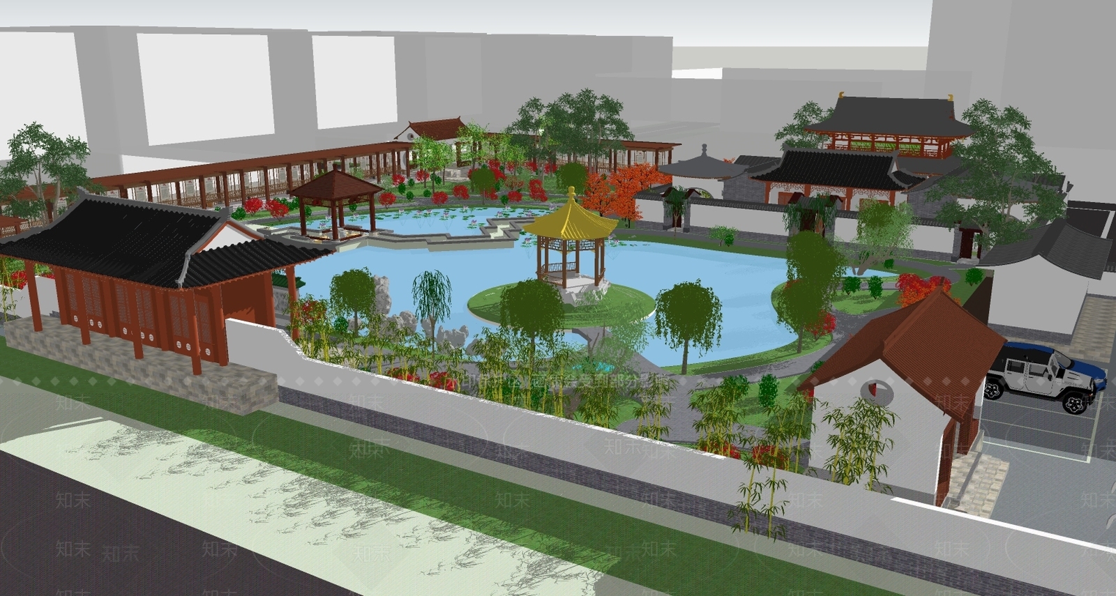 中式园林公园古建组合规划庭院四合院子SU模型下载【ID:834480626】