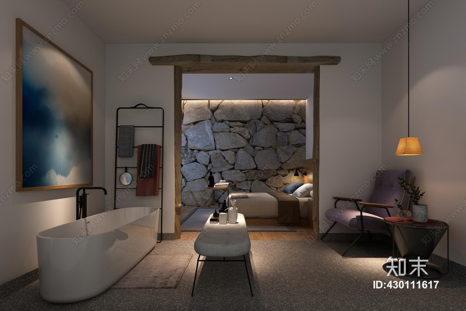 现代石头墙民宿卧室酒店客房3D模型下载【ID:430111617】