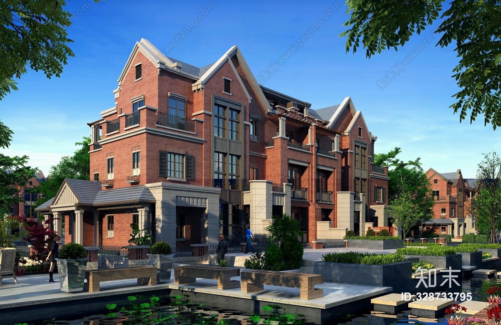 新古典室外精品别墅小区景观建筑3D模型下载【ID:328733795】