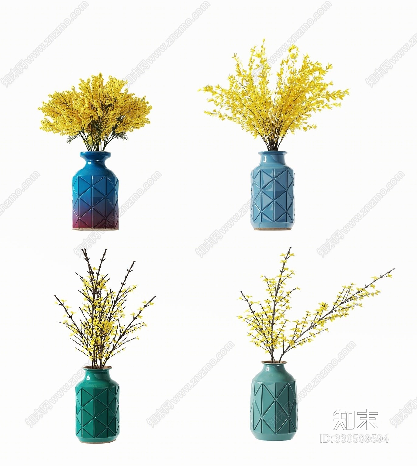 新中式陶瓷花瓶花卉组合3D模型下载【ID:330589594】