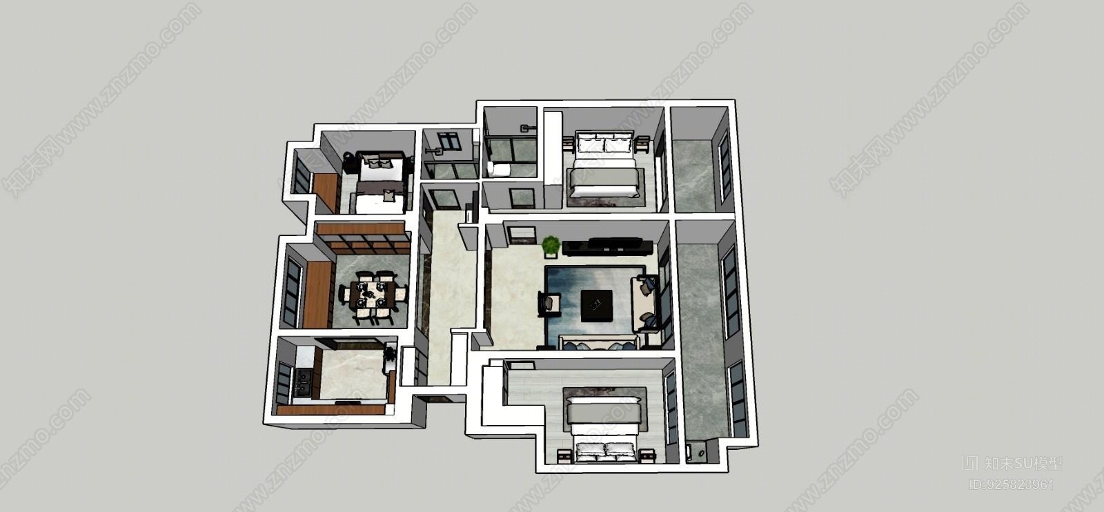 新中式客厅餐厅家具组合SU模型下载【ID:925823961】