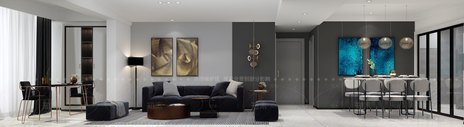 现代黑白灰客厅沙发电视柜窗帘餐厅吊灯挂画3D模型下载【ID:735288769】