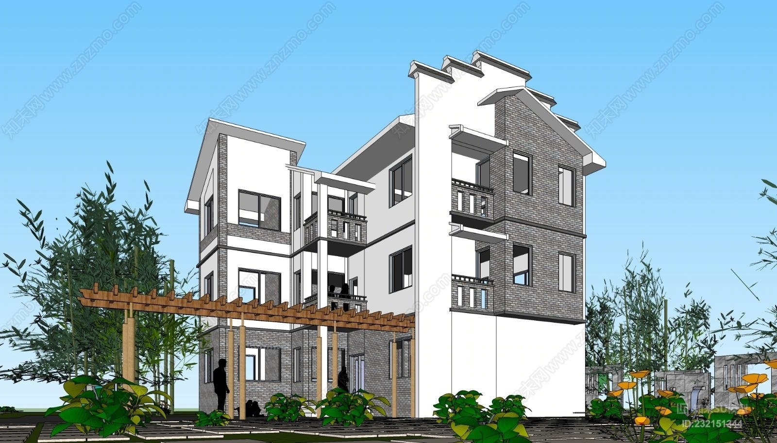 农村住宅小别墅中式室外SU模型下载【ID:232151344】