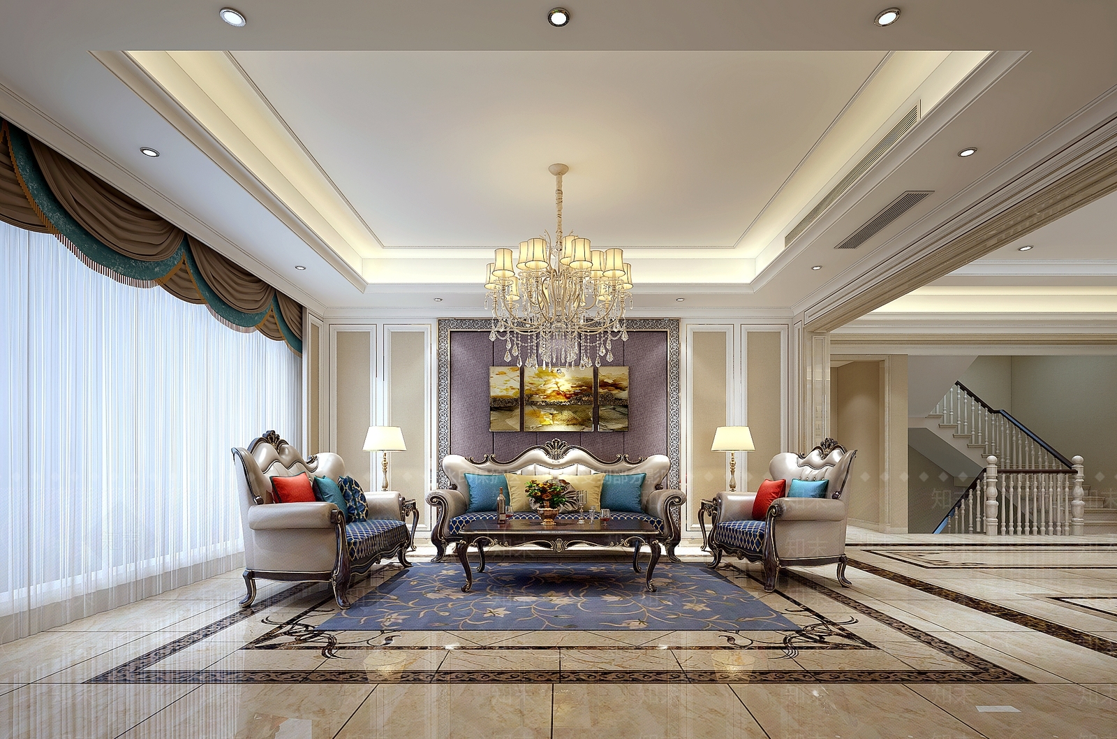 简欧欧式客厅装饰画吊灯台灯地毯茶几楼梯3D模型下载【ID:732968885】