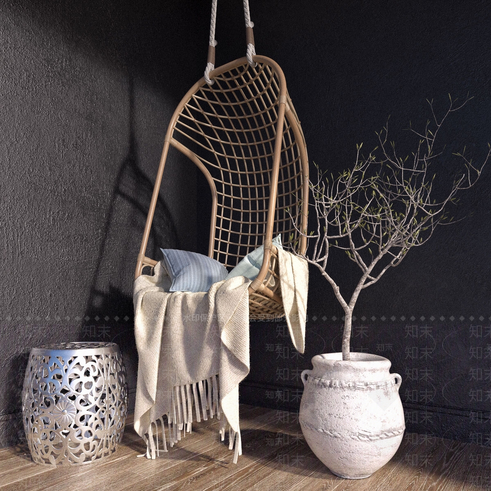 现代竹编阳台吊椅3D模型下载【ID:734997166】