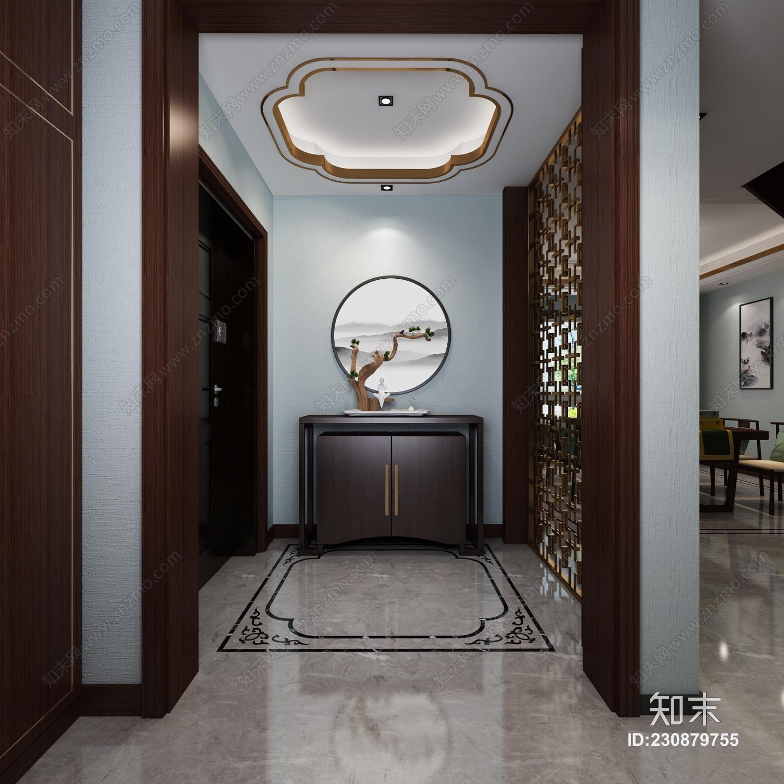 中式玄关花格入户门厅3D模型下载【ID:230879755】
