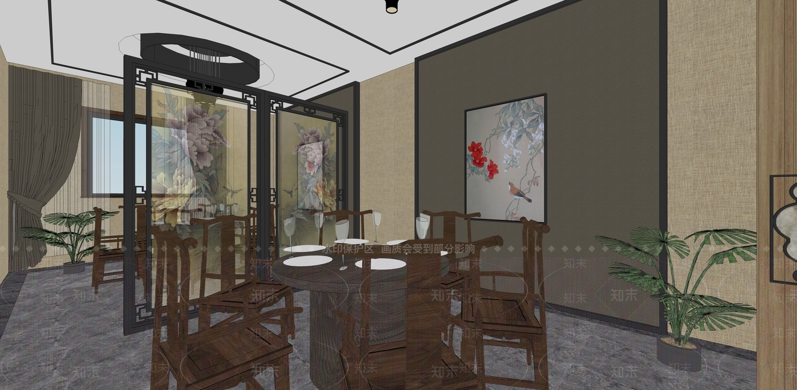 新中式会所餐厅SU模型下载【ID:735100669】