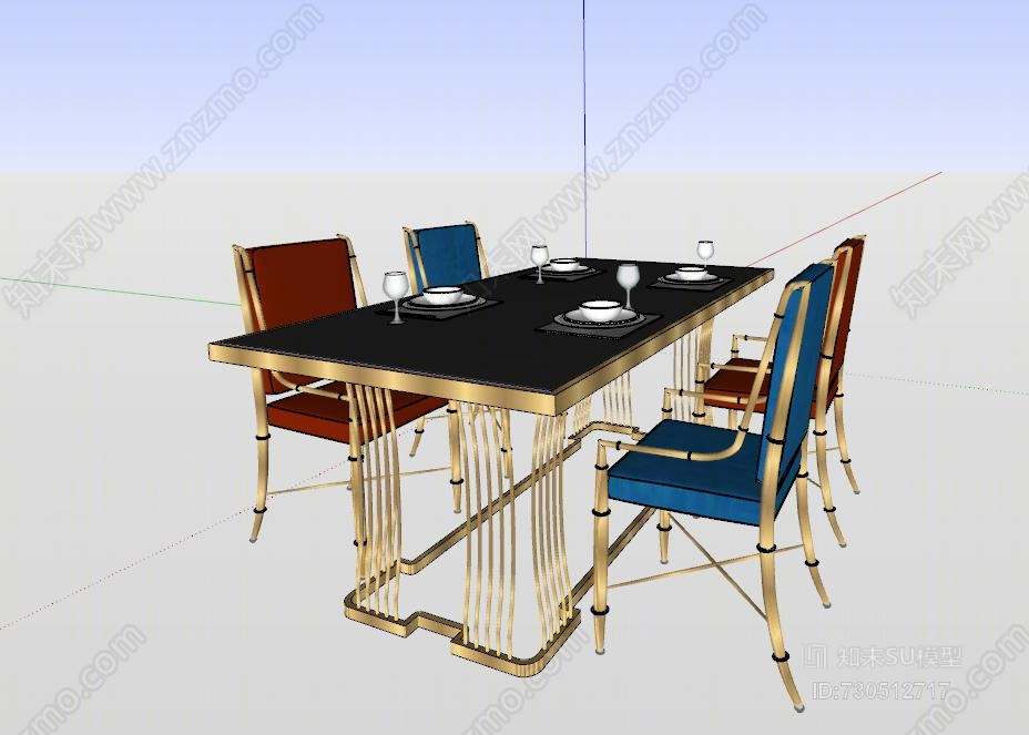 现代轻奢金属质感餐桌椅子组合下载桌子SU模型下载【ID:730512717】