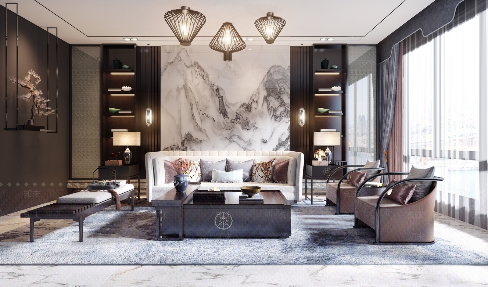 新中式客厅新中式沙发茶几组合3D模型下载【ID:735220706】