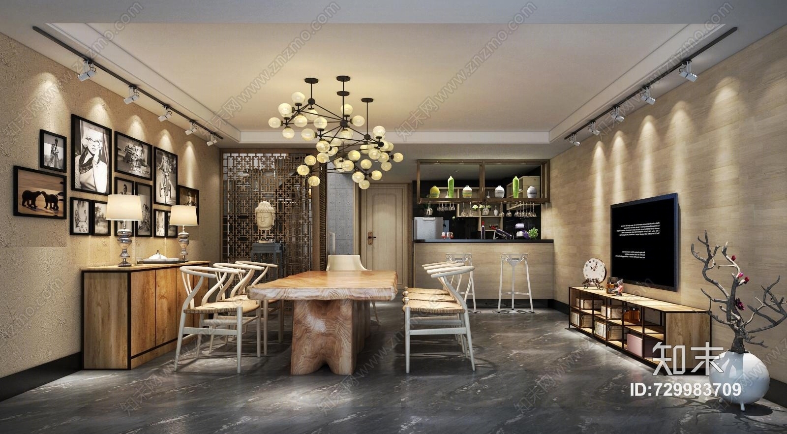 工业客厅餐厅吧台3D模型下载【ID:729983709】