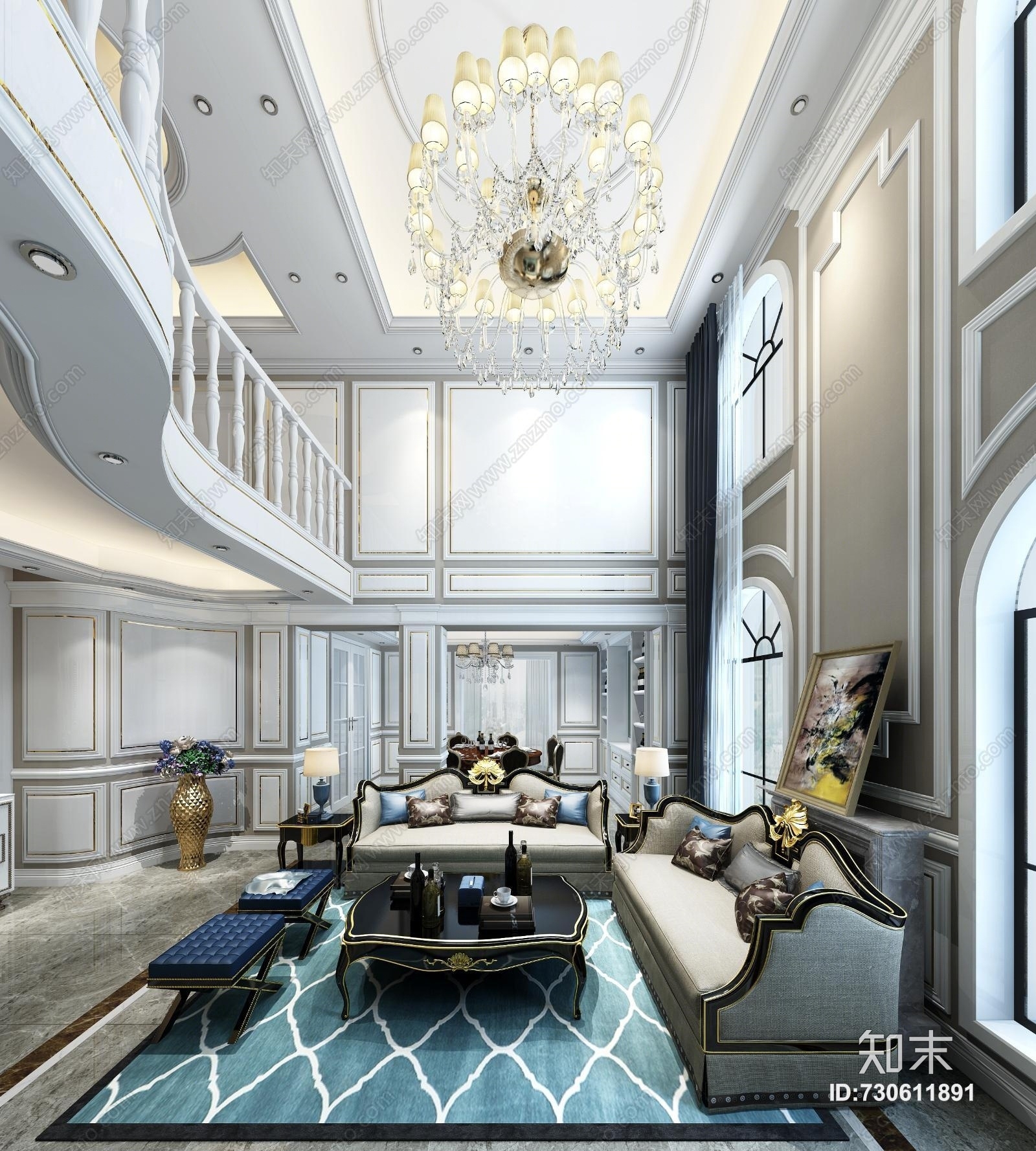 简欧复式客厅3D模型下载【ID:730611891】