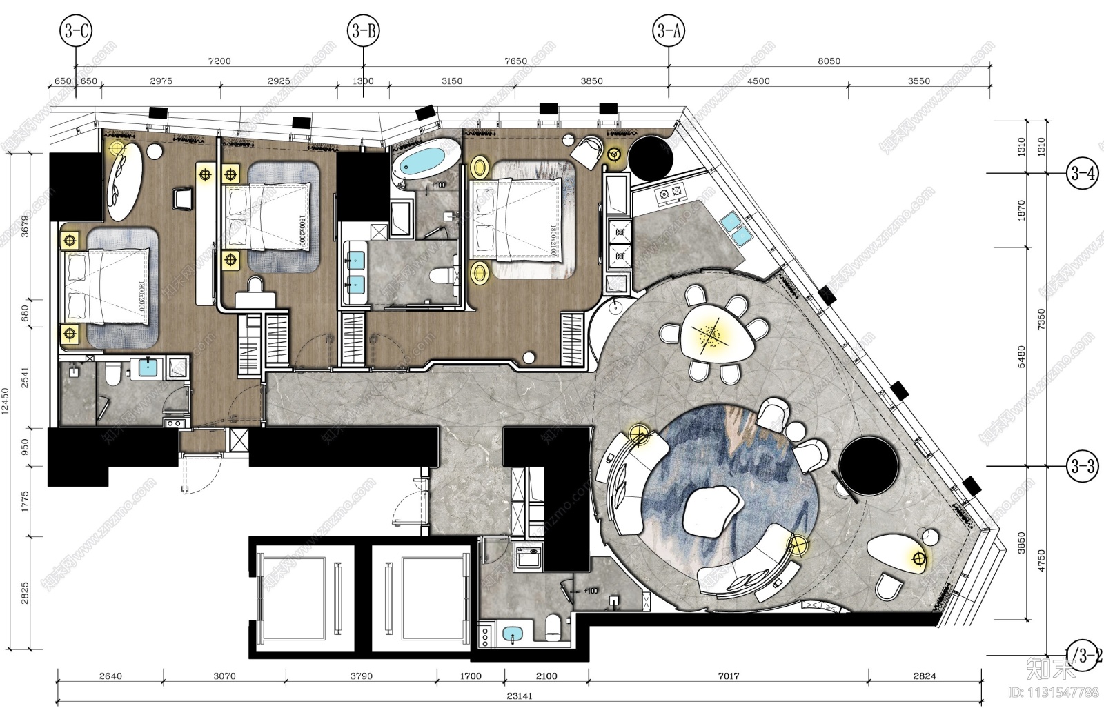 山东青岛198㎡大平层样板间住宅CAD施工图施工图下载【ID:1131547788】