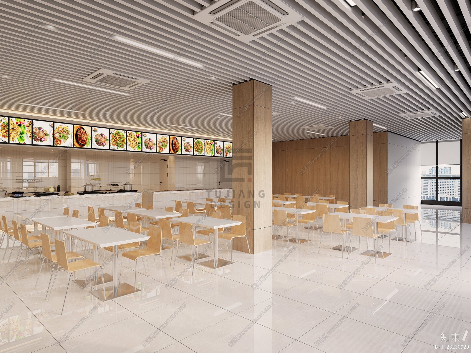 现代原木风食堂餐厅设计下载【ID:1123230929】