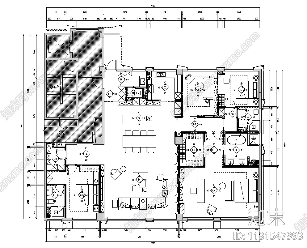 浙江杭州300㎡户型大平层样板间施工图2021cad施工图下载【ID:1131547993】