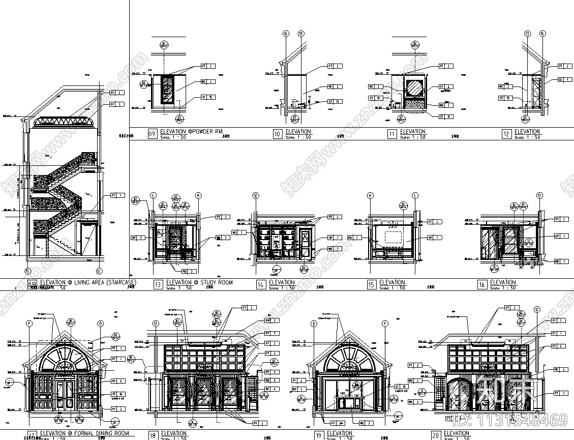 浙江杭州顶级新古典别墅CAD施工图+效果图cad施工图下载【ID:1131548469】