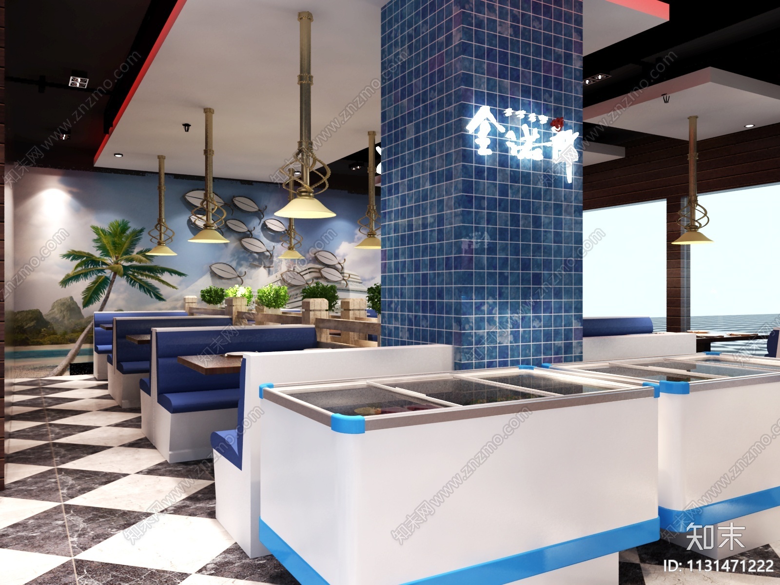 江苏高邮海洋主题餐厅CAD+3D模型+效果图cad施工图下载【ID:1131471222】