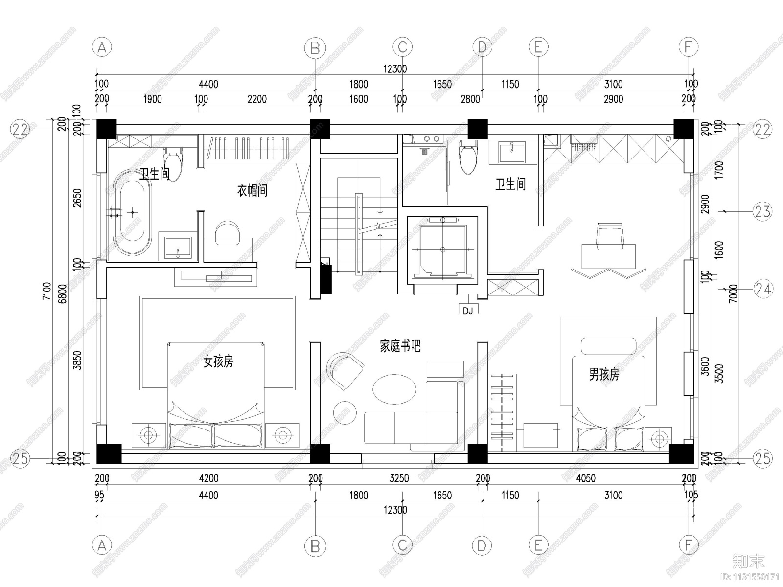 沈阳447㎡三层三居别墅装修施工图+3D模型cad施工图下载【ID:1131550171】