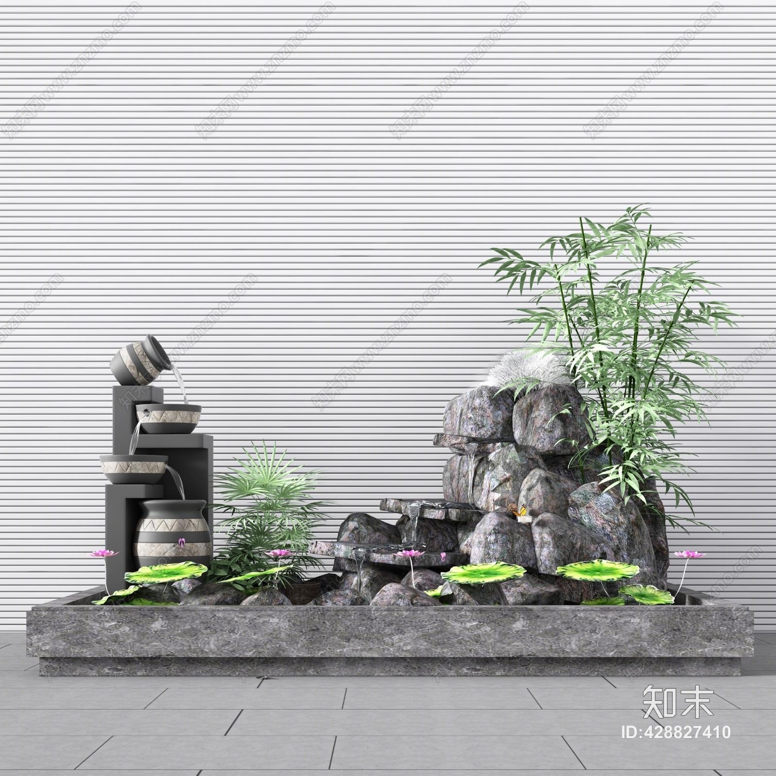 新中式鱼池3D模型渲染效果图