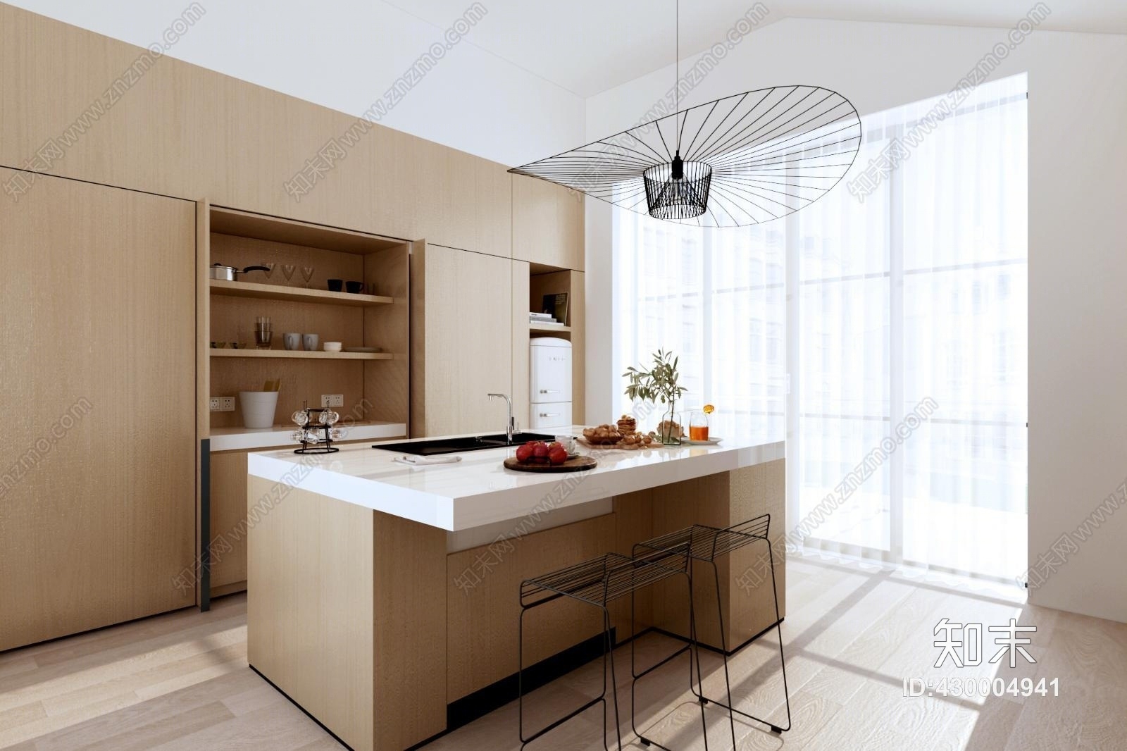 现代厨房橱柜吧台吧椅组合3D模型下载【ID:430004941】