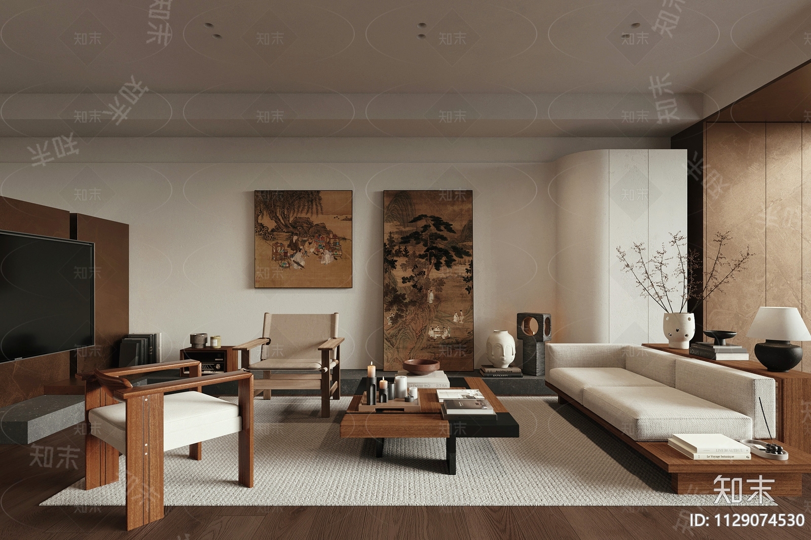现代中古风家居客厅3D模型下载【ID:1129074530】_知末3d模型网