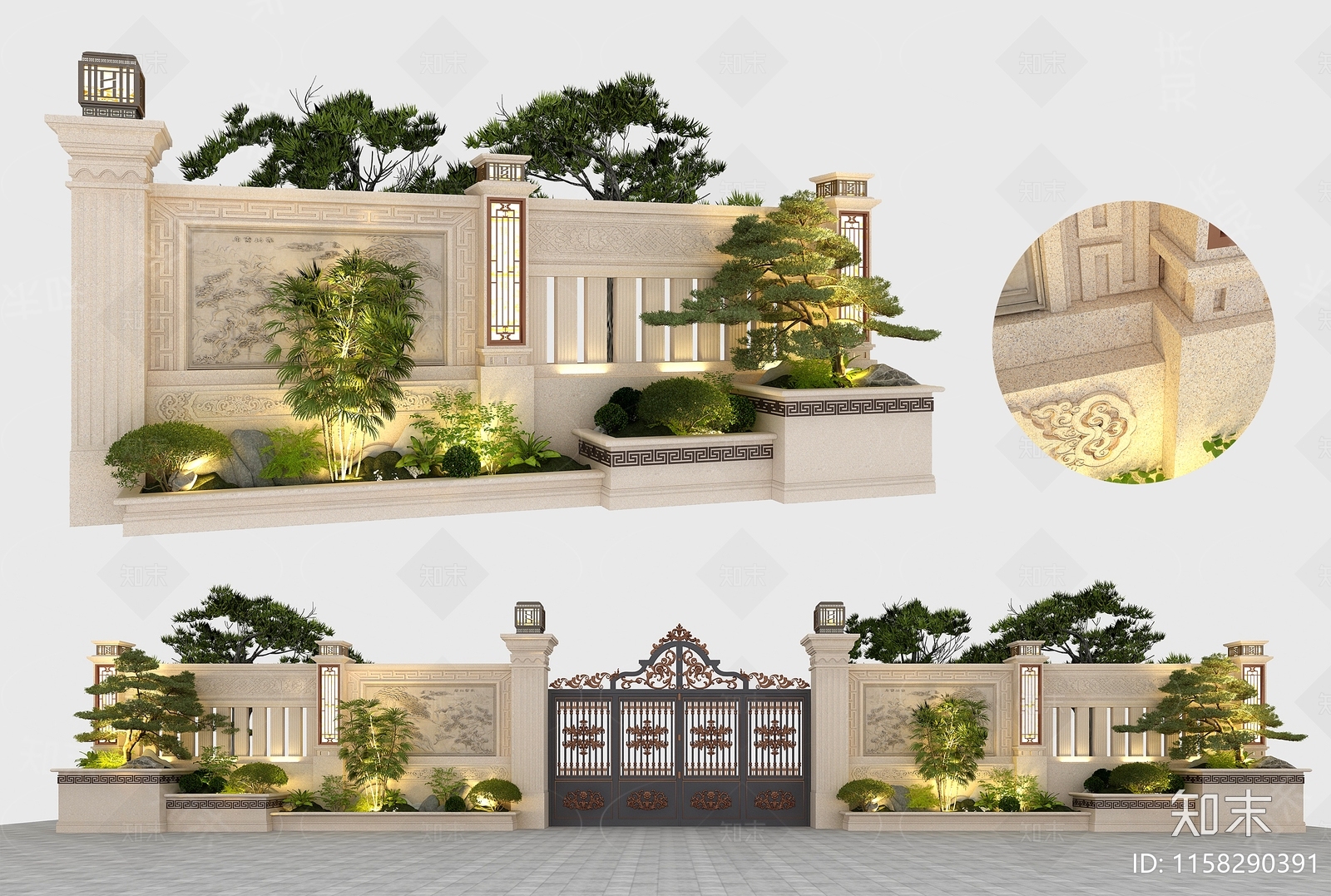 新中式别墅庭院大门围墙3D模型下载【ID:1158290391】_知末3d模型网