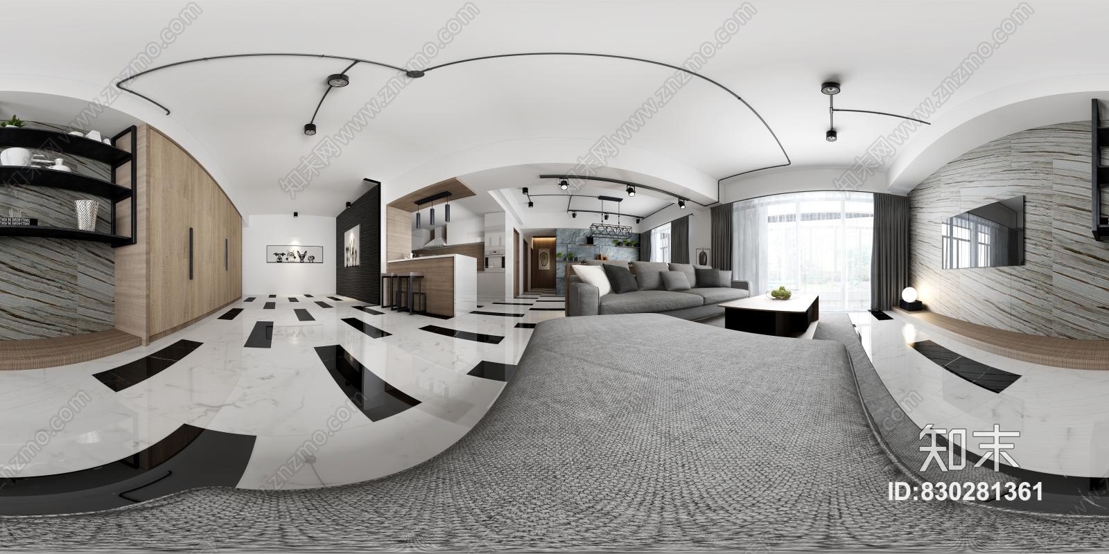 现代简约北欧客餐厅全景模型 电视柜 边柜 沙发茶几组合 餐桌椅 全景