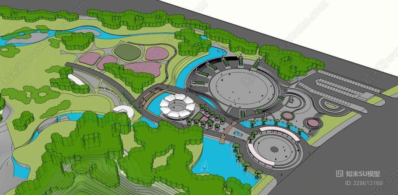 景观规划广场公园设计绿化现代艺术会所画SU模型下载【ID:328613160】