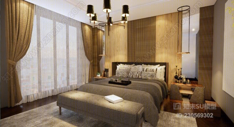 现代新中式主卧室双人床吊灯背景墙床头柜饰品摆件卧室SU模型下载【ID:230569302】