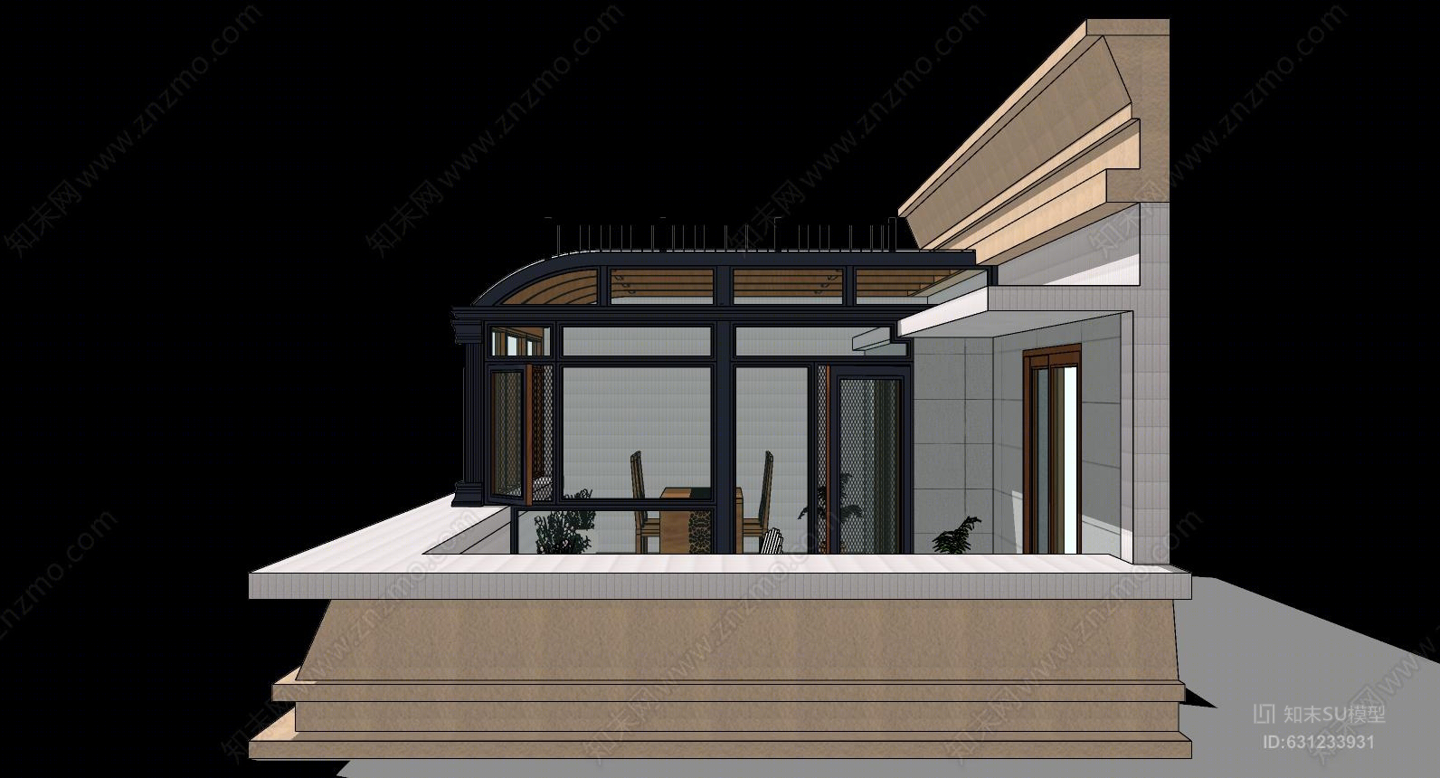 现代简约服饰弧顶阳光房室外SU模型下载【ID:631233931】