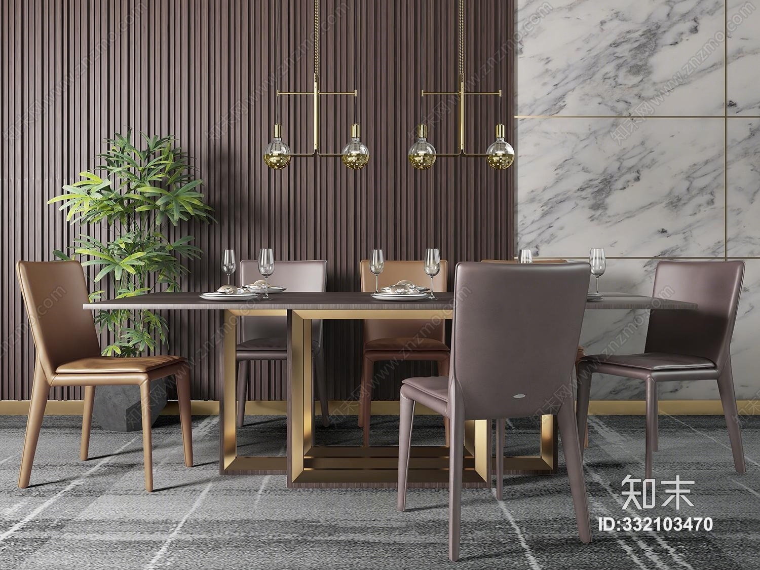 现代餐桌椅吊灯绿植组合3D模型下载【ID:332103470】