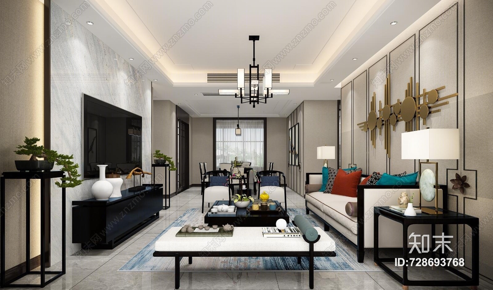 新中式客餐厅沙发茶几组合新中式电视柜吊灯餐桌椅组合装饰品3D模型下载【ID:728693768】