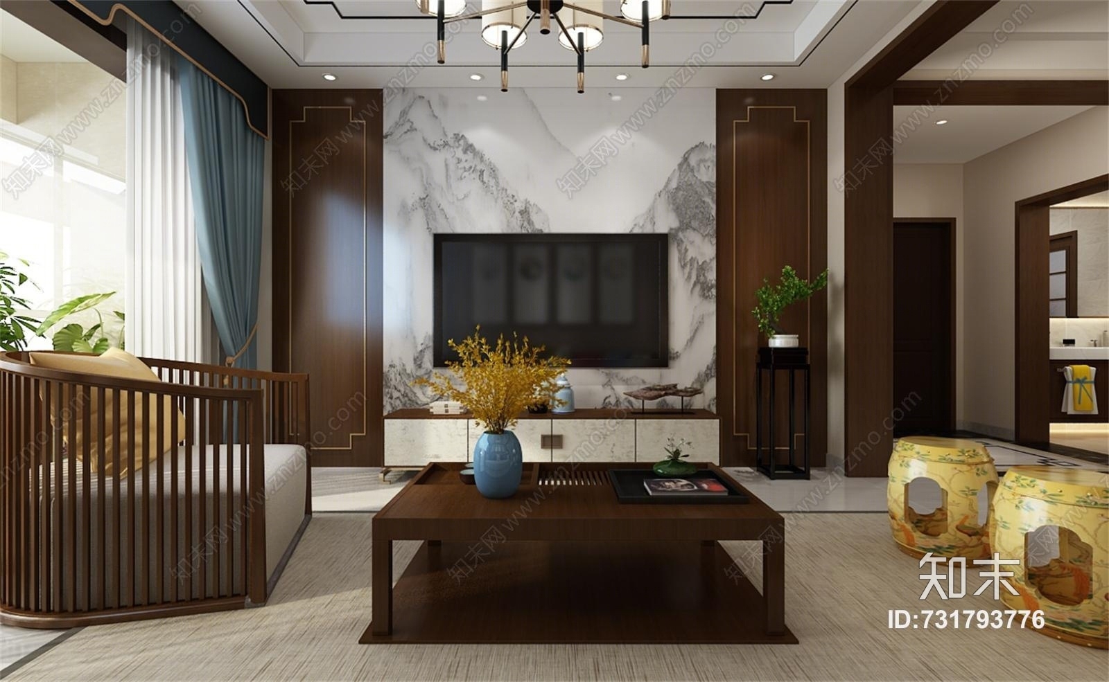 新中式客厅餐厅过道玄关沙发餐桌酒柜吊灯3D模型下载【ID:731793776】