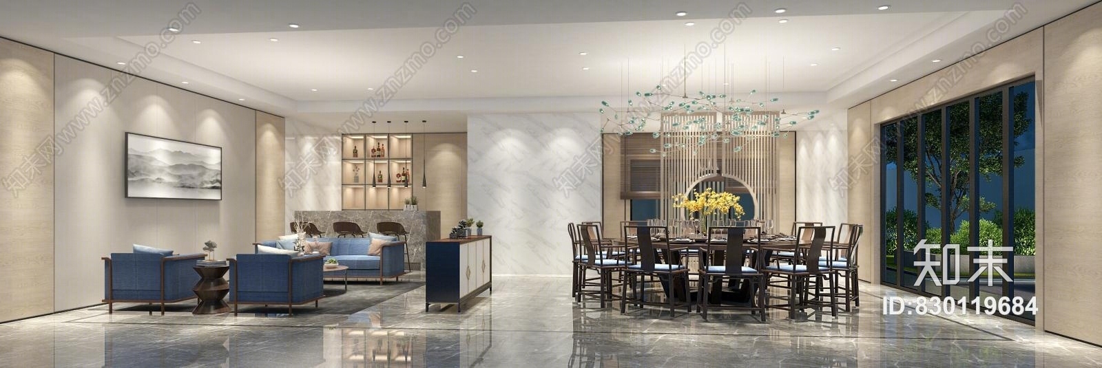 新中式别墅餐厅休闲厅吧台3D模型下载【ID:830119684】