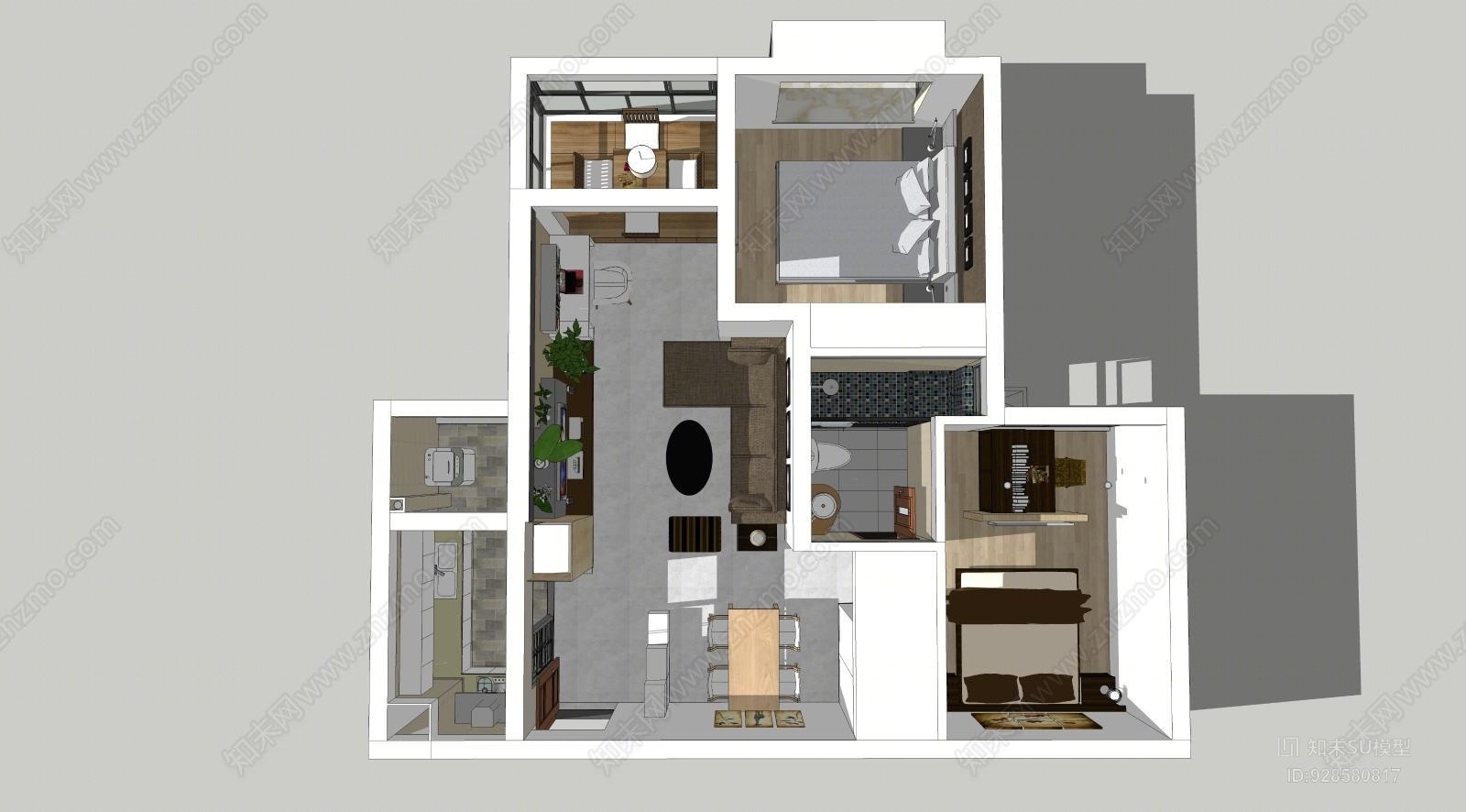 户型室内装潢设计SU模型下载【ID:928580817】