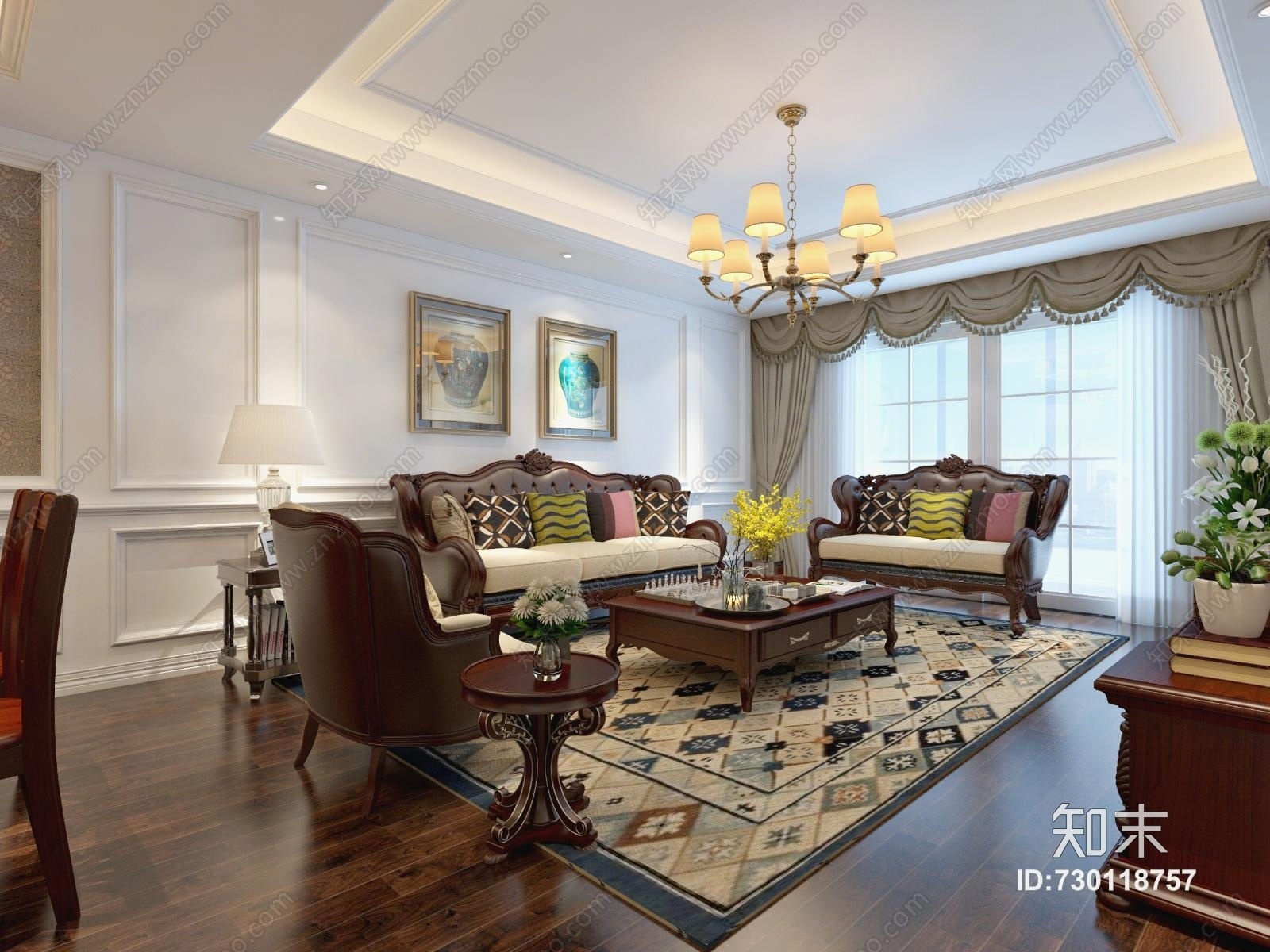 美式客餐厅效果图3D模型下载【ID:730118757】