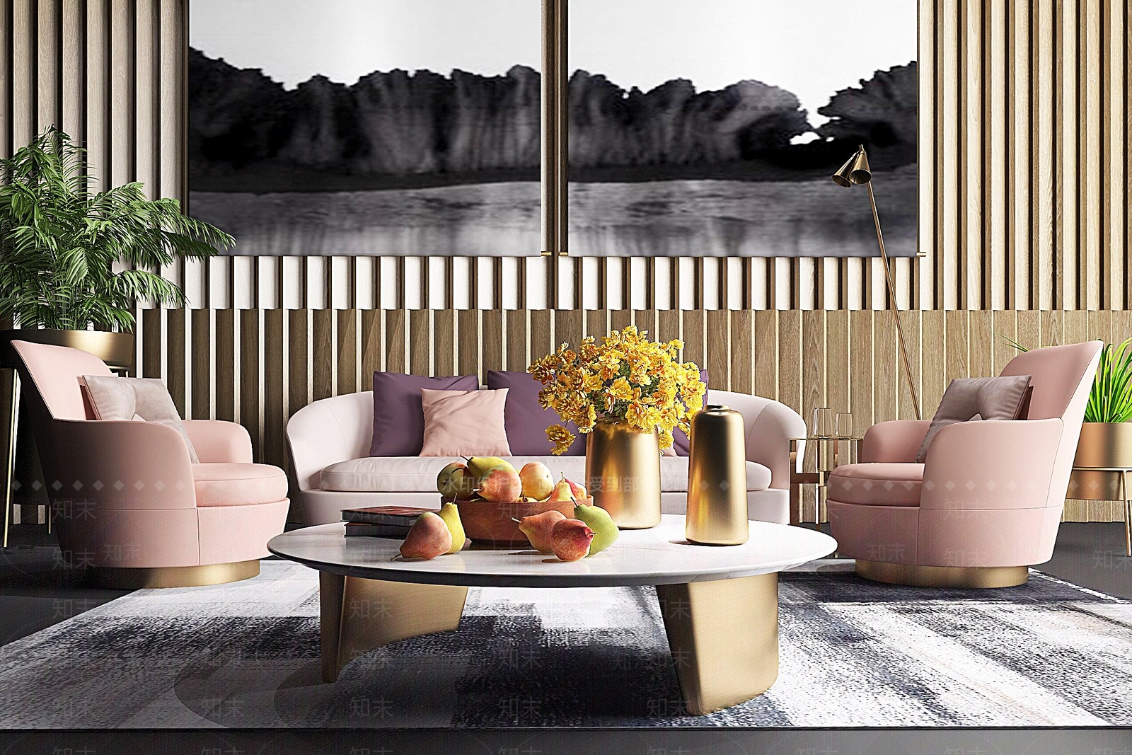 北欧组合沙发布艺沙发茶几摆件盆栽挂画水果3D模型下载【ID:132652034】