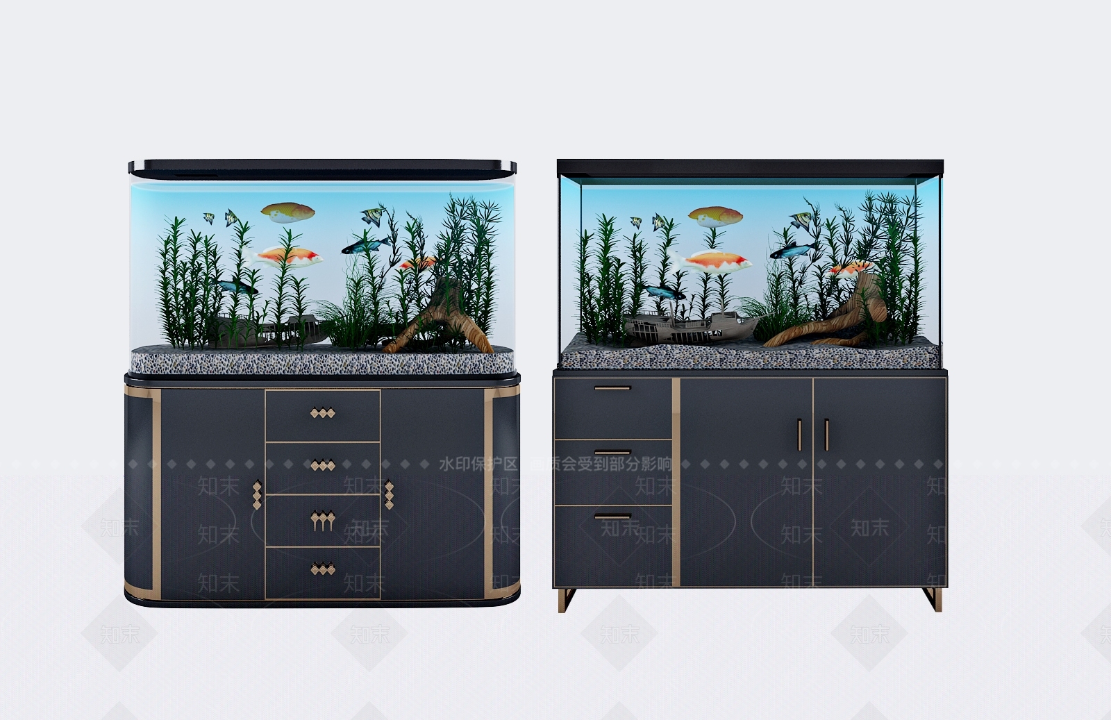 现代边柜鱼缸水族馆3D模型下载【ID:634091734】