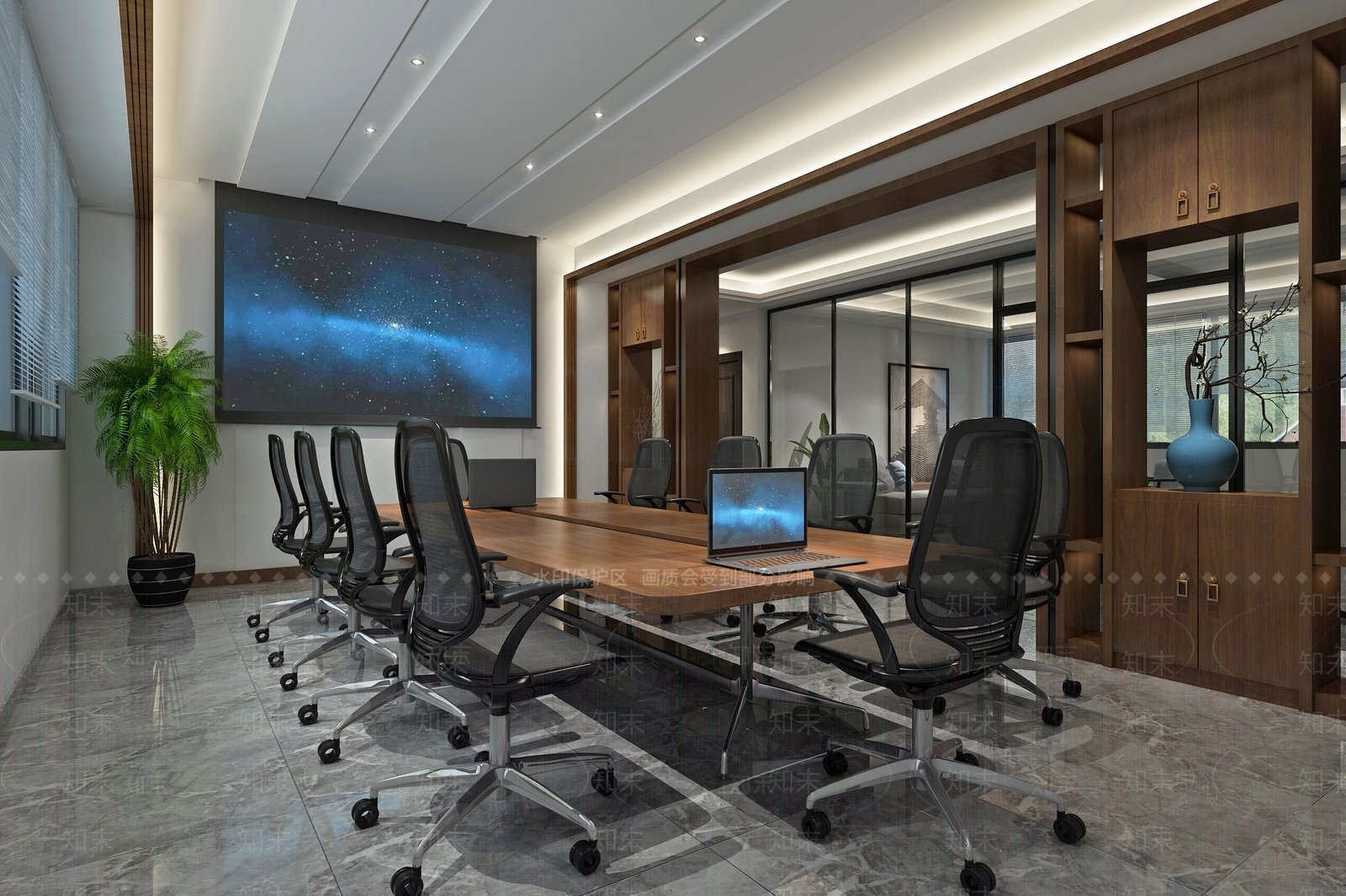 新中式现代中式会议室投影仪会议桌柜子隔断摆件沙发画笔记本电脑3D模型下载【ID:732459867】