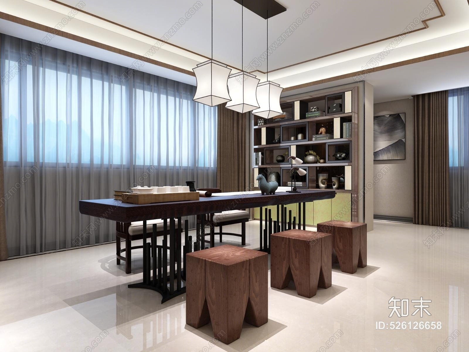新中式书房茶室桌椅吊灯3D模型下载【ID:526126658】