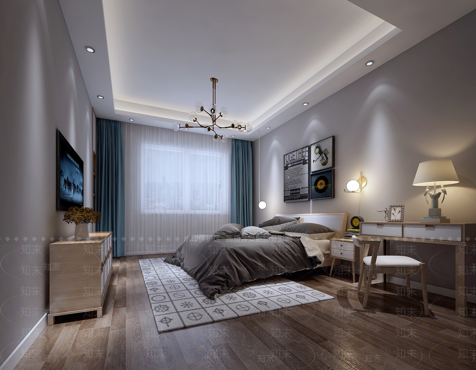 北欧卧室床装饰画吊灯电视柜书桌地毯3D模型下载【ID:432511309】