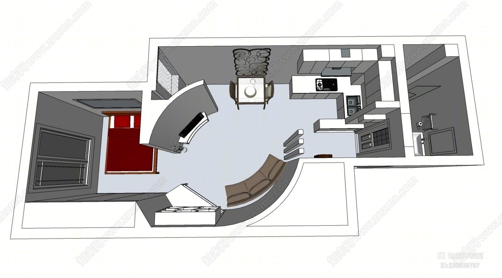工业风格单身公寓SU模型下载【ID:230339797】