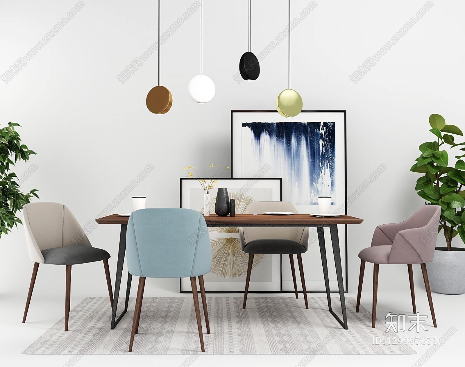 北欧餐桌椅组合模型3D模型下载【ID:129997379】