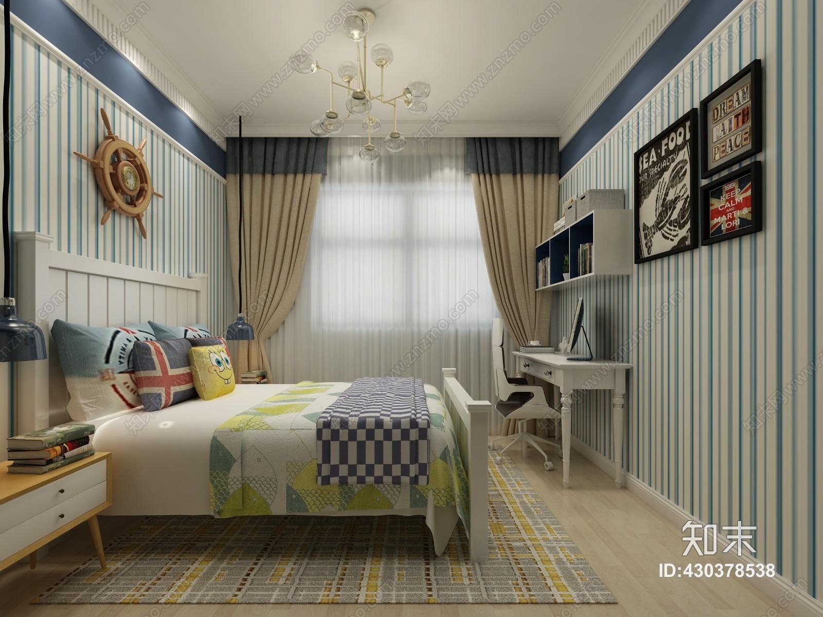 美式儿童房窗帘3D模型下载【ID:430378538】