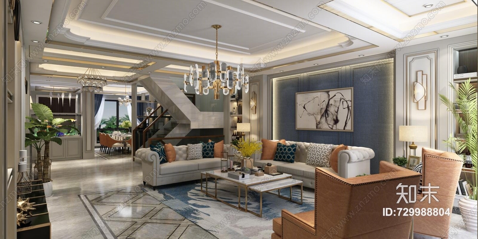 美式轻奢风客餐厅全景模型3D模型下载【ID:729988804】