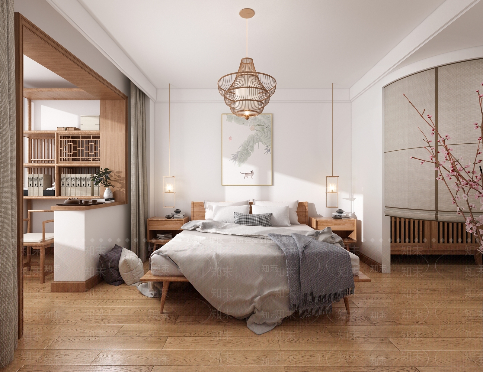 日式原木主卧室床具灯具挂画3D模型下载【ID:433739351】