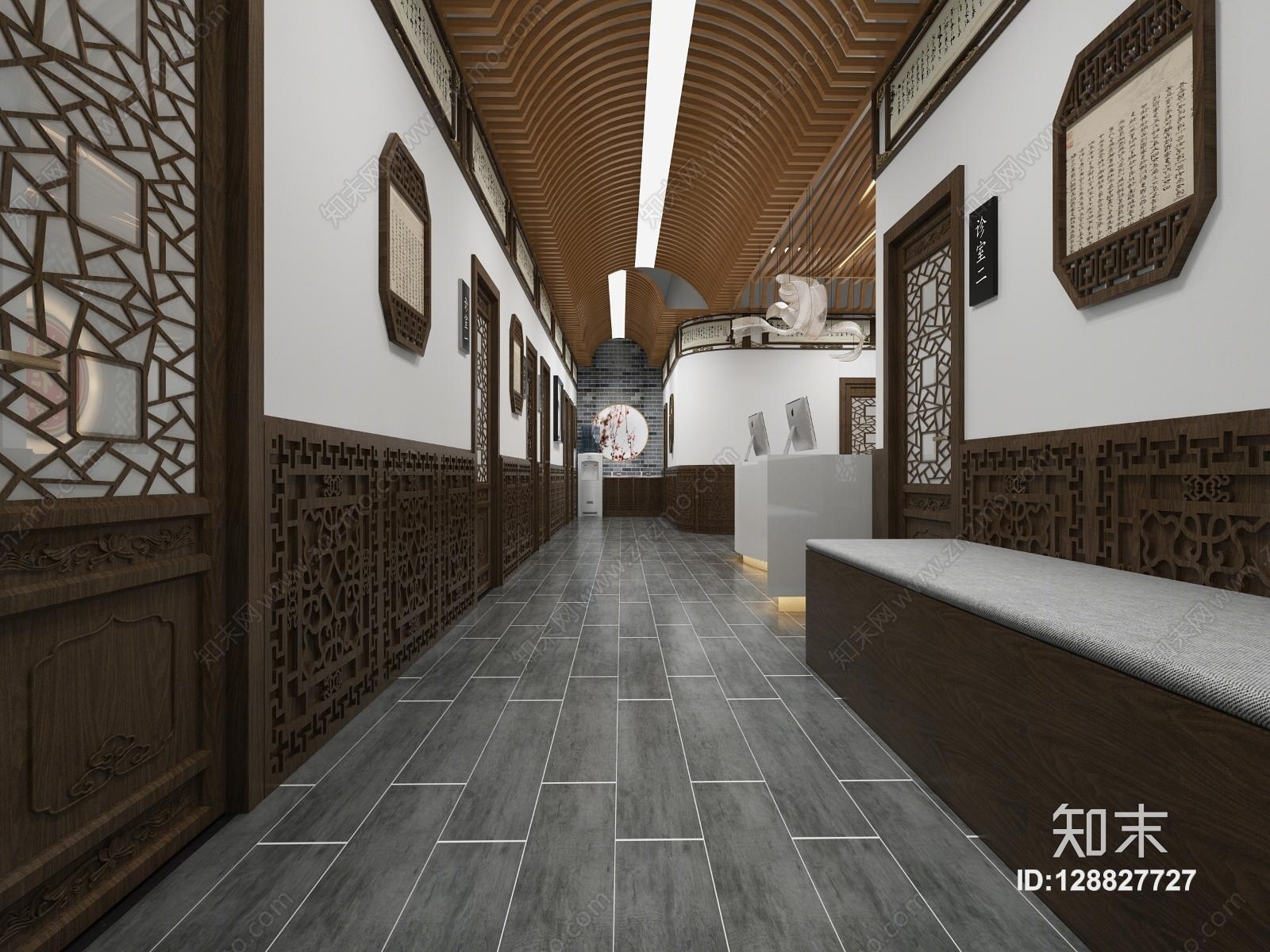 中式中医药馆推拿室前台接待大厅3D模型下载【ID:128827727】