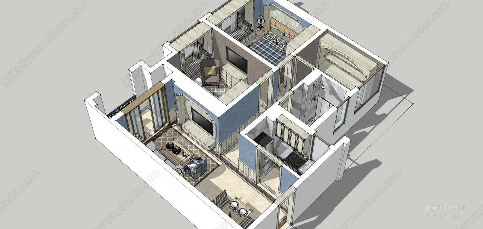 北欧风格三房两厅室内设计下载SU模型下载【ID:931982841】